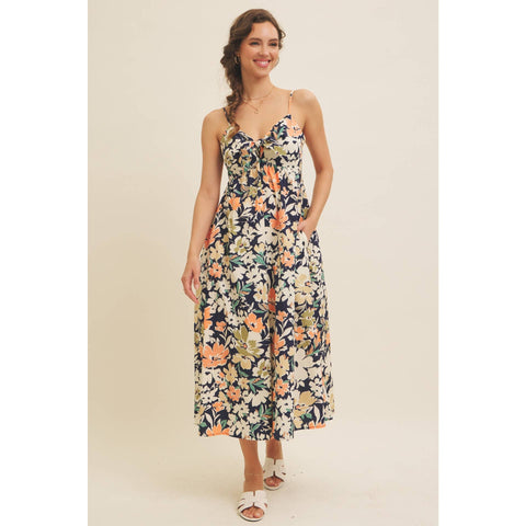 FLORAL PRINT FRONT TIE CAMI MIDI DRESS