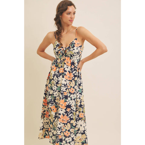 FLORAL PRINT FRONT TIE CAMI MIDI DRESS