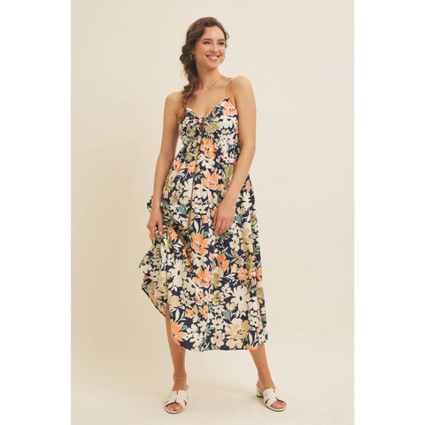 FLORAL PRINT FRONT TIE CAMI MIDI DRESS