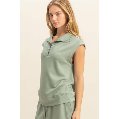 Mock Neck Half Zip Up Sleeveless Top