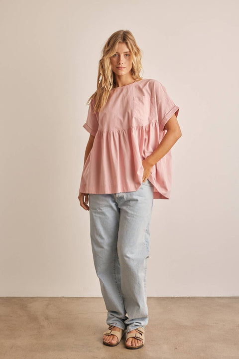 OVERSIZED COTTON POPLIN TUNIC TOP WITH RUFFLED HEM