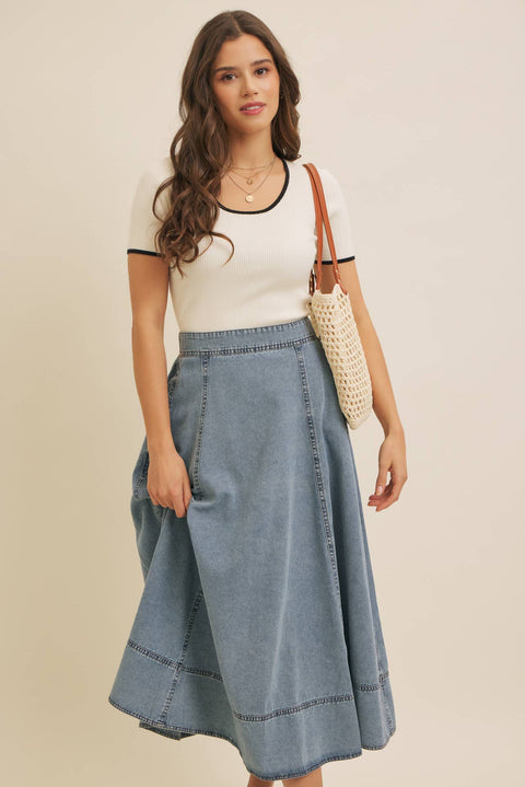 CONTRAST EDGE SCOOP NECK SHORT-SLEEVED RIB SWEATER TOP
