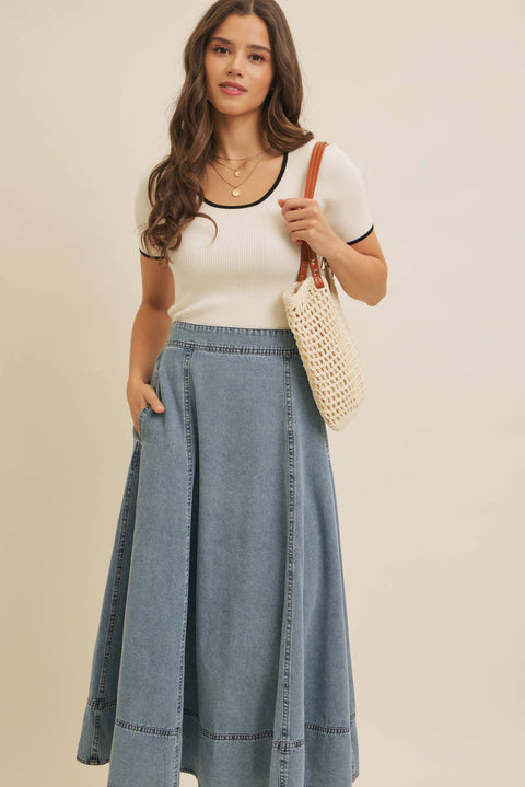 CONTRAST EDGE SCOOP NECK SHORT-SLEEVED RIB SWEATER TOP