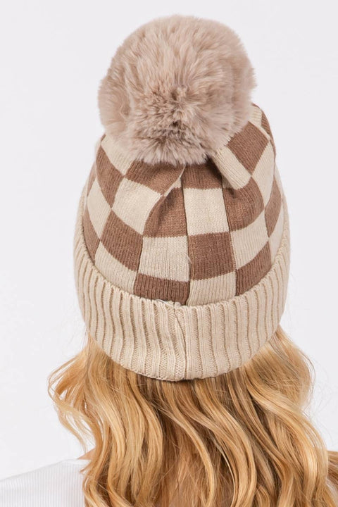 Checkered Pattern Pom Beanie