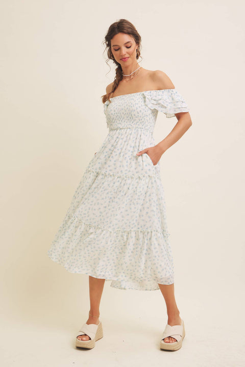 ELEGANT CHIFFON FLORAL SMOCKED MIDI DRESS WITH RUFFLED SLVS