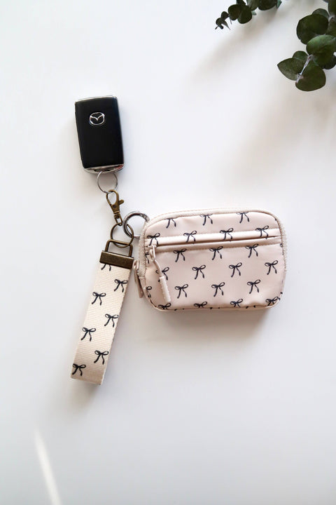 Bow Keychain Wallet with Wrist Lanyard, Compact Card Holder