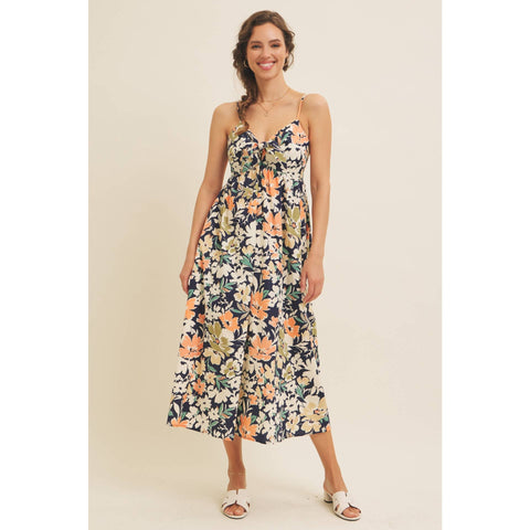 FLORAL PRINT FRONT TIE CAMI MIDI DRESS