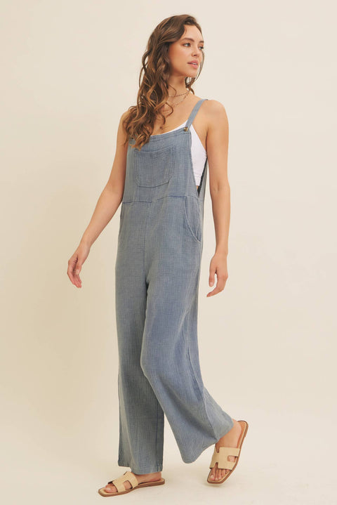 MINERAL-WASHED SUPER SOFT GAUZE WIDE-LEG OVERALL JUMPSUIT