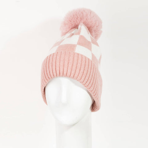 Checkered Pattern Pom Beanie