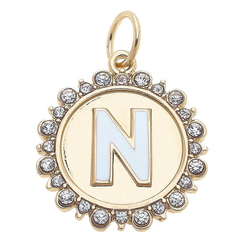 Rhinestone Letter Disc Charm in Shiny Gold