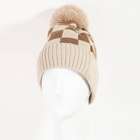 Checkered Pattern Pom Beanie