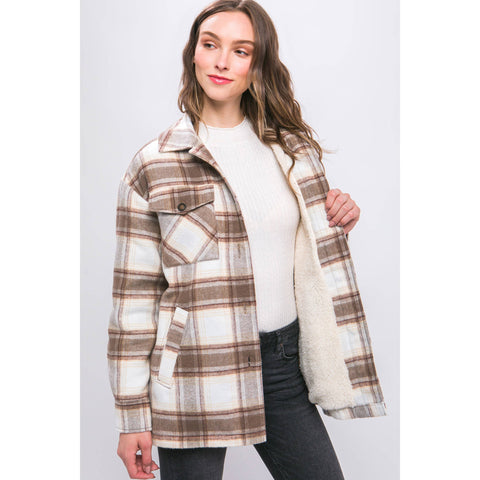 Plaid Button Up Jacket with Sherpa Lining